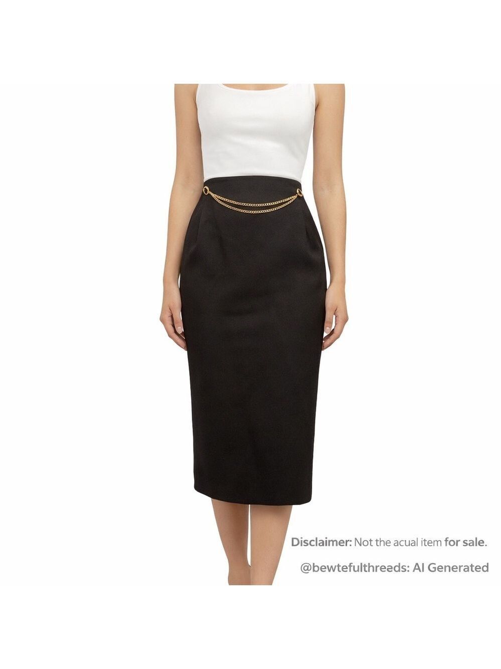 Vintage Korinna Wool-Blend Black Midi Skirt w/ Gold Chain (Size 12)